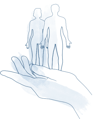 Zeichnung zwei Menschen stehen aufrecht und werden von einer großen Hand gehalten